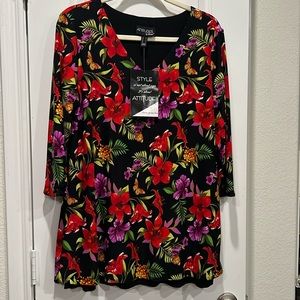 NWT. Ladies dressy blouse by “ATTITUDES BY RENEE”. 2/1 blouse. Black/print. Med.